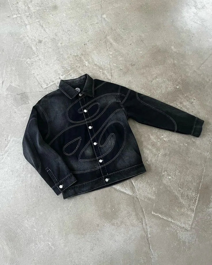 Striped Embroidered Denim Jacket & Black Straight Graphic Trousers - Lifestyle