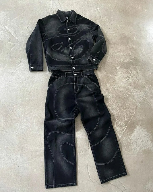 Striped Embroidered Denim Jacket & Black Straight Graphic Trousers - Lifestyle